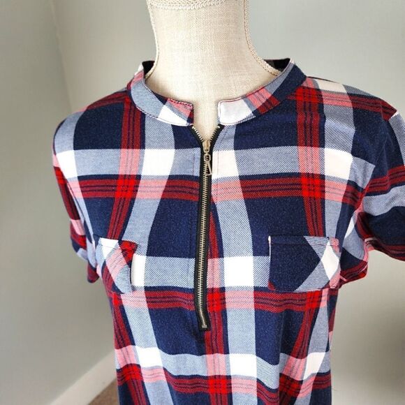 Jczhwqh Women's Short Sleeve Quarter Zip V Neck Plaid Top Size Large - Picture 6 of 7
